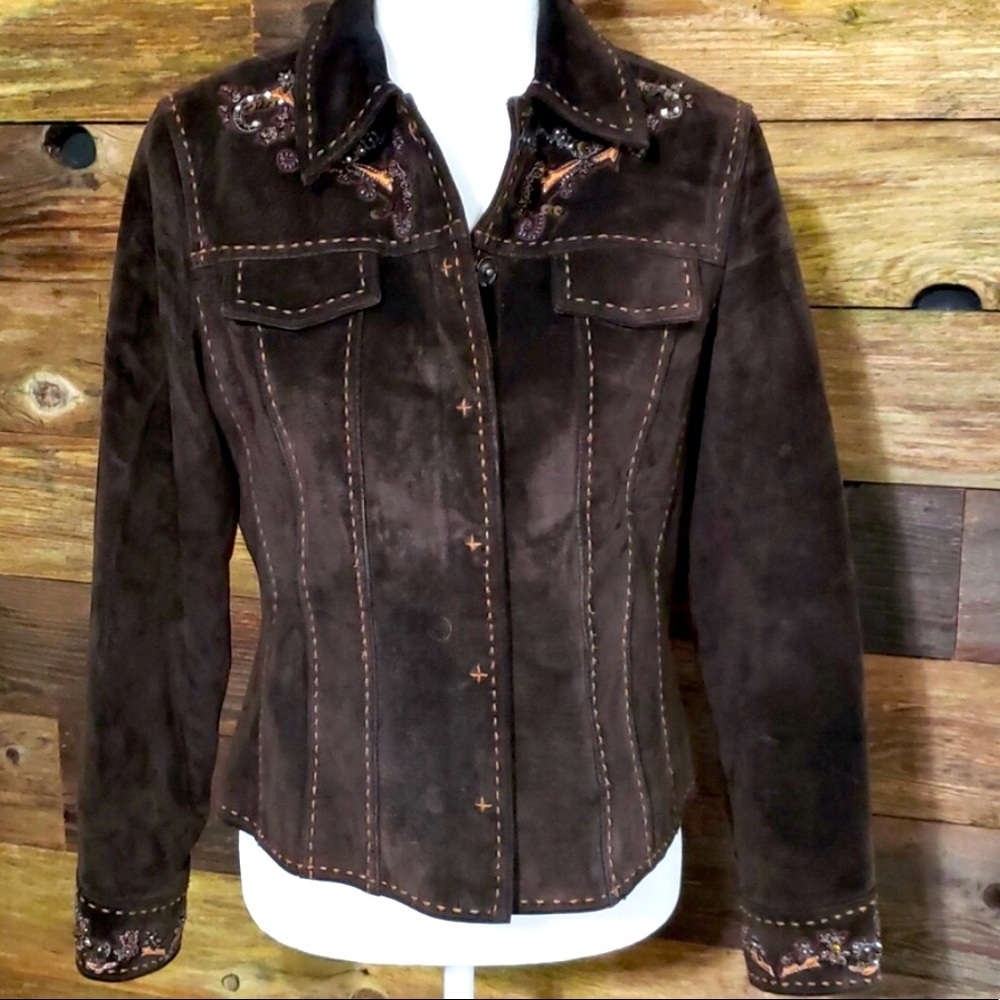 Coldwater Creek Embellished Brown Leather Jacket